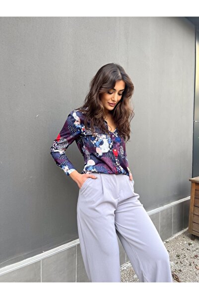 ileenofficial Lacivert Retro Desen Saten Gömlek