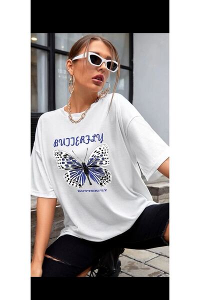 Harmandar Unisex White Oversize T-shirt with Blue Butterfly Print