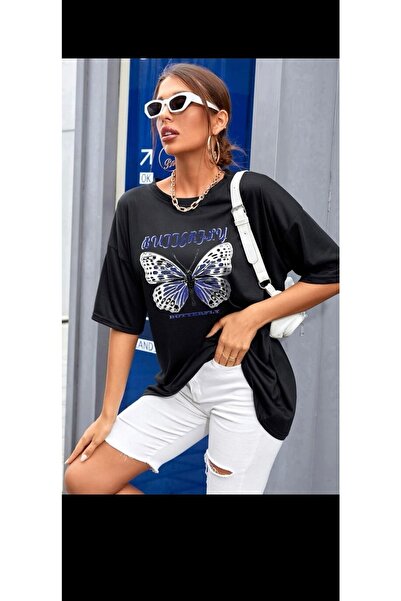 Harmandar Plavi leptir Štampano unisex crna Oversize kroj T-shirt