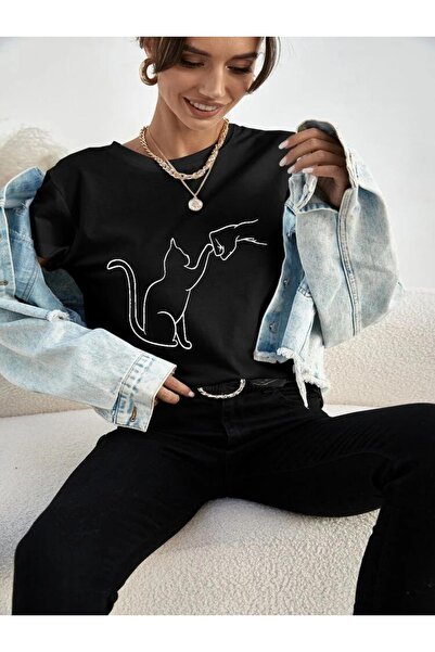 Harmandar Tricou oversize negru unisex cu imprimeu Lover Cat