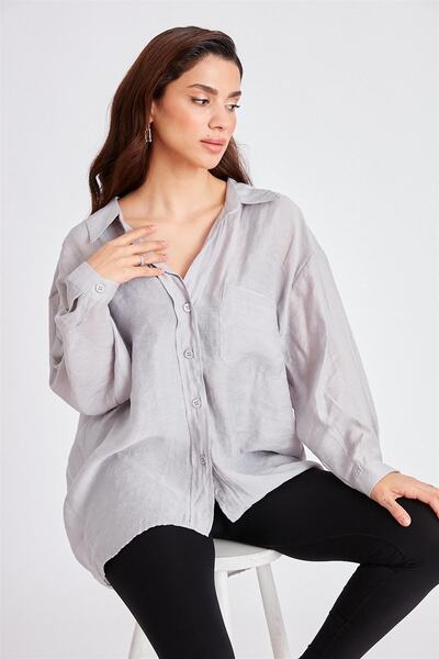 Suziş Γυναικείο πουκάμισο Oversize Off Shoulder Loose Εφαρμογή ανοιχτό γκρι