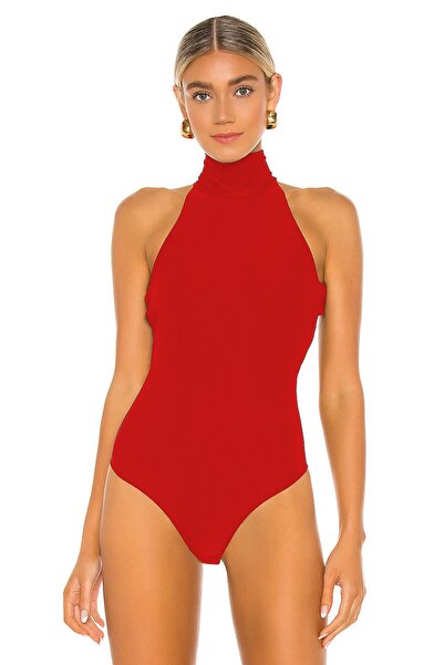 By Kul Design Women's Red Back Low-Cut Turtleneck Silk Jersey Bodysuit