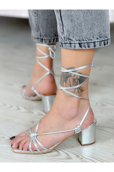 irmona Cleopatra Silver String Laced Heeled Low Heel Slippers Sandals