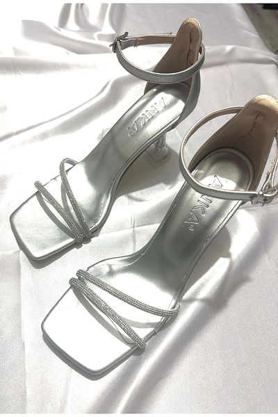 TrendyAnka Lady Silver Jewelled Very Stylish 8 Cm Transparent Heeled Blunt Square Toe Wedding Engagement Evening Dress Shoes Sandals