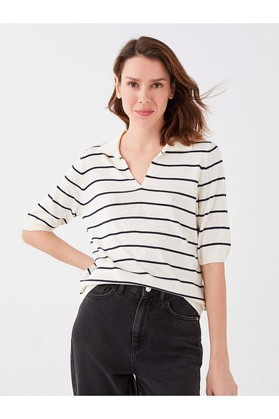 LC Waikiki Gestreifter Kurzarm-Strickpullover für Damen mit Polokragen