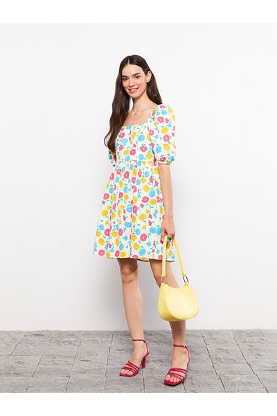 LC Waikiki Damenkleid aus Popeline mit quadratischem Kragen und Blumenmuster und Ballonärmeln