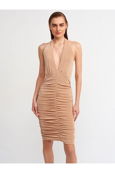 Dilvin 90319 Ramenní kravata Gathered Dress-velbloud