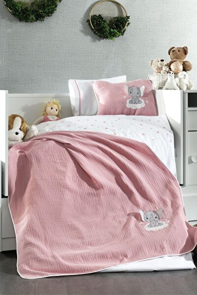 Minelya Home Collection طقم غطاء لحاف أطفال مكون من 5 قطع من الموسلين المغطى بالقطن 100% بتصميم فيل ثلاثي الأبعاد باللون الوردي