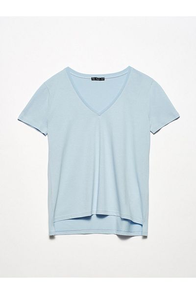 Dilvin Tricou de bază cu decolteu în V albastru bebeluș pentru femei 101A03470