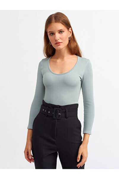 Dilvin بلوزة قصيرة بأكمام طويلة ورقبة على شكل حوض السباحة للسيدات 3529