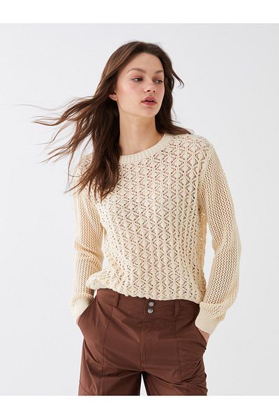 LC Waikiki Damen-Strickpullover mit durchbrochenem Rundhalsausschnitt und langen Ärmeln