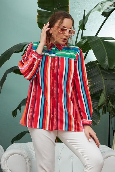 RMG Red Plus Size Asymmetrical Striped Long Sleeve Summer Shirt - 06049