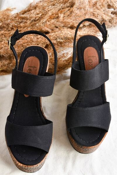 Fox Shoes Black Linen Wedge Heeled Women's Shoes K674061305