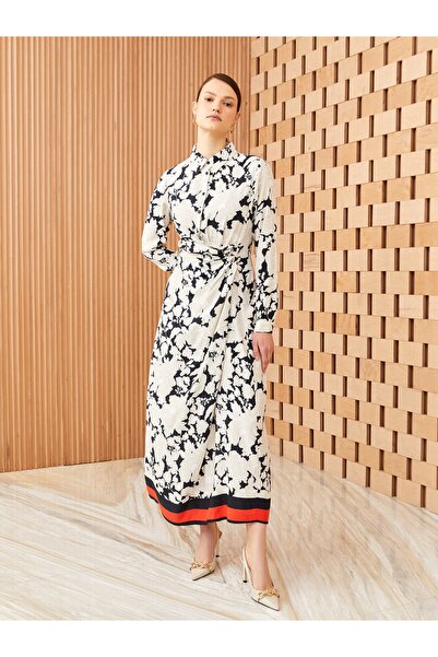 LC Waikiki Dámské saténové šaty s květinovým límečkem s dlouhým rukávem