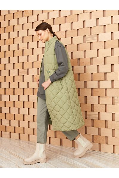 LC Waikiki Lcw Modest Fly Green Stand Collar Quilted Print Women's Vest