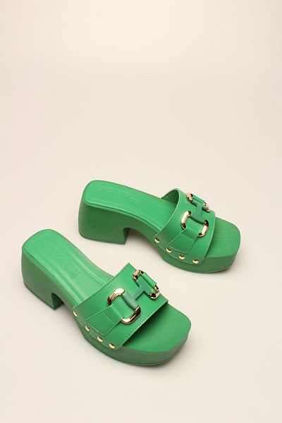 ROVIGO Green Leather Buckle Women's Clogs