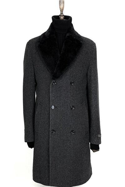 ŞAN GİYİM 8501 Erkek Desenli Gri Çıkma Kürk Yaka Kruvaze Kısa Palto