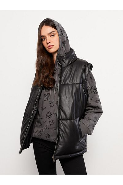 LC Waikiki Stand Collar Women's Puffer Vest - Leather Look