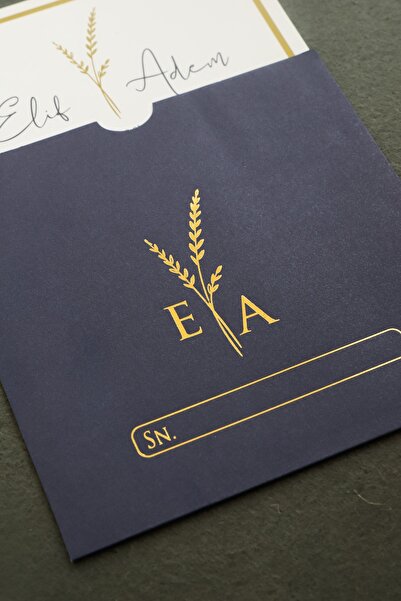 Luna Davetiye Lacivert Zarflı Altın Yaldızlı Düğün, Nikah, Nişan Davetiyesi (...