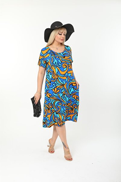 mami butik Plus Size Short Sleeve Above Knee Double Pocket Standard Size Stylish Comfortable Viscose Combed Cotton Dress