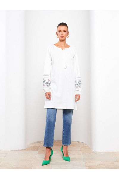 LC Waikiki Langärmlige Tunika für Damen mit Bindekragen und Stickerei