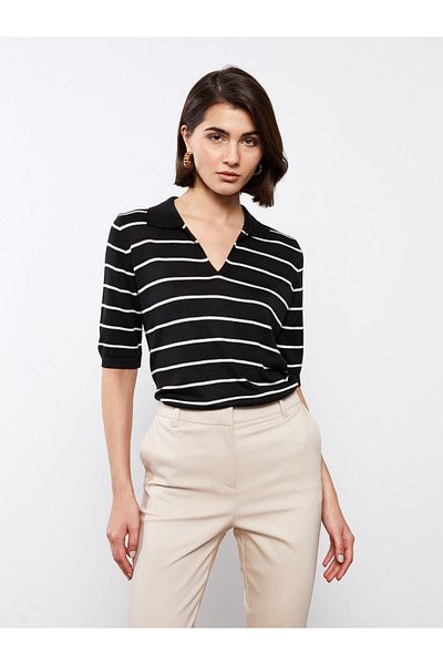 LC Waikiki Einfarbiger, kurzärmliger Strickpullover mit Polokragen für Damen