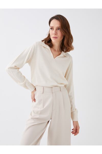 LC Waikiki Polo Yaka Düz Uzun Kollu Kadın Triko Kazak