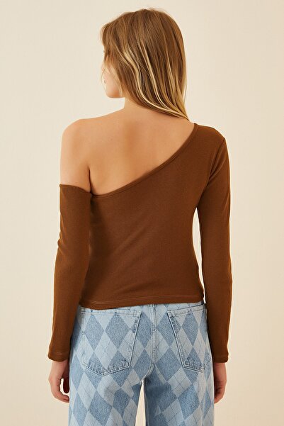 Happiness İstanbul Női barna nyitott váll kordbársony kötött blúz TG00011
