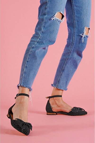 DURUNUN BUTİĞİ Sambo Black Polka Dot Bow Curea la gleznă Balerini casual cu v...