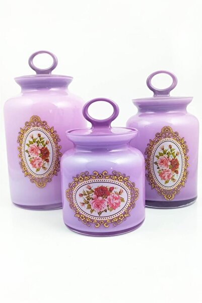 Tiesa Home 3'lü Lila Desenli Vakumlu Kapaklı Cam Kavanoz Takımı Seti