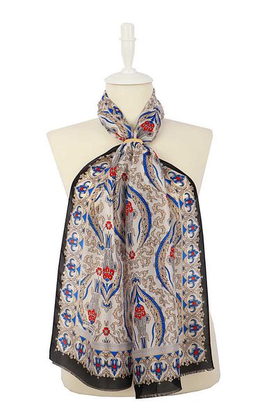 Bursa İpek Black Beige Large Tulip Voile Silk Scarf