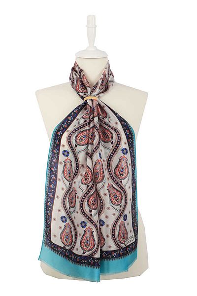 Bursa İpek Turquoise Navy Blue Row Tulip Voile Silk Scarf