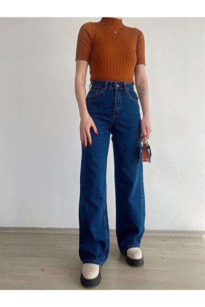 LİMABEL Women's Dark Blue Colorfast Palazzo Super High Waist Loose Leg Jeans