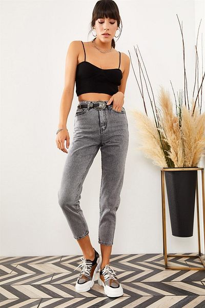 Trn JNS Pantaloni de blugi Lorenzo cu talie înaltă gri Snow Mom Lycra Colorfast Gri Extra confortabil Mom Jean
