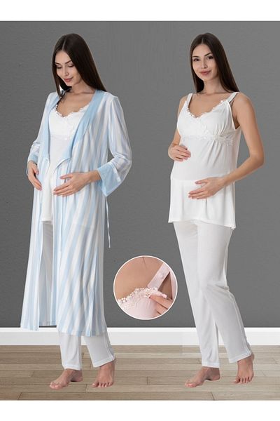 by İGP Set de pijamale de maternitate în dungi pentru maternitate, albastru ecru 9034
