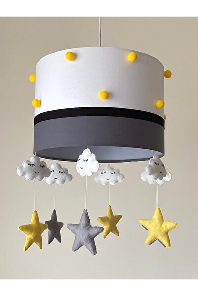 Leobabyroom Sarı Ponpon Detaylı Siyah Şeritli Gri Çocuk/bebek Odası Tasarım A...