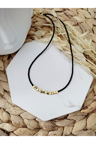 HALHALMILL Siyah Afgan Boncuklu Gold Küp Detaylı Tasarım Kolye