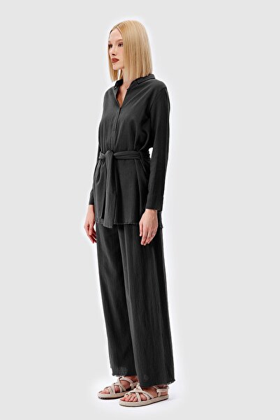 Açelya Okcu Oversize Tie Waist Shirt Loose Trousers Top and Bottom Set