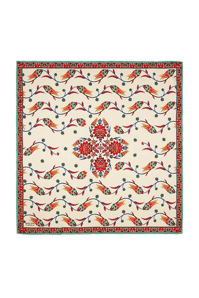 Bursa İpek Μεταξωτό φουλάρι Ecru Petrol Row Tulip Pattern