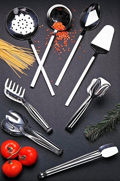 Homerest 8 Adet Modern Çubuk Model Servis Seti, Kepçe Kevgir Kaşık Spatula Ma...