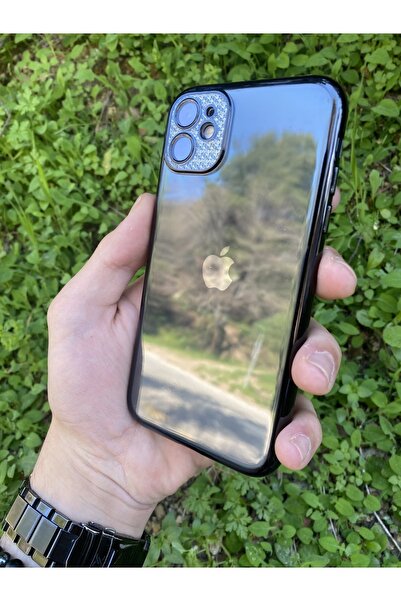I Phone 14 Renkli Çerçeveli Lens Korumalı Elmas Stil Şeffaf Kılıf - Siyah