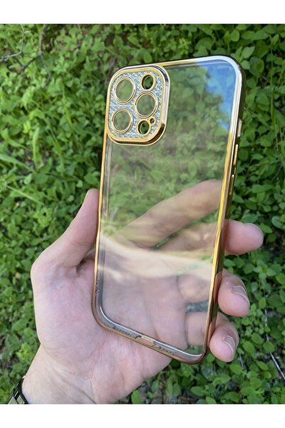 I Phone 12 Pro Max Renkli Çerçeveli Lens Korumalı Elmas Stil Şeffaf Kılıf - Gold