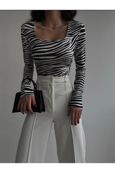 laughs Women's Square Collar Long Sleeve Front Double Layer Plain Basic Slim Blouse Blz1184