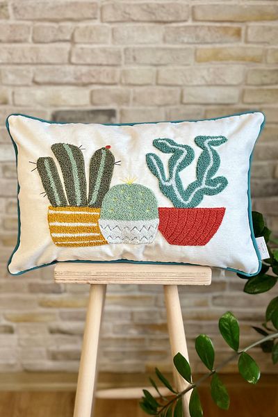SWITA Home Design Husă de pernă din in, cu model de cactus brodat