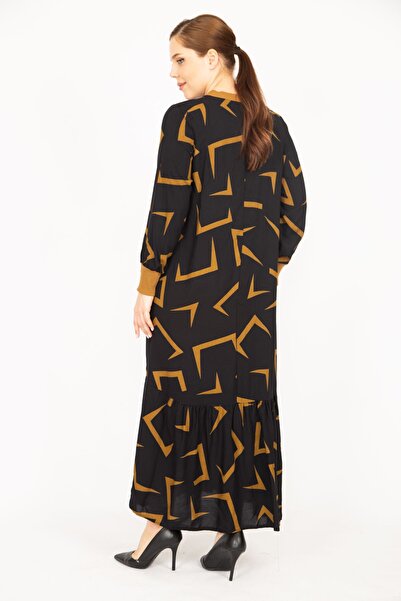 Şans Γυναικείο Μακρύ Φόρεμα Μεγάλου Μεγάλου Μεγάλου Μεγέθους Υφαντό Βισκόζη Γιακά και Μανίκι Ριμπ Μακρύ Φόρεμα 65n35966