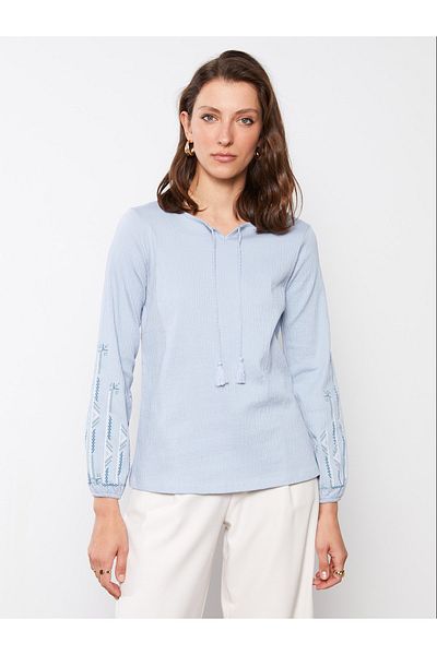 LC Waikiki Dámská halenka – dlouhý rukáv, zavazovací límec a tištěný design