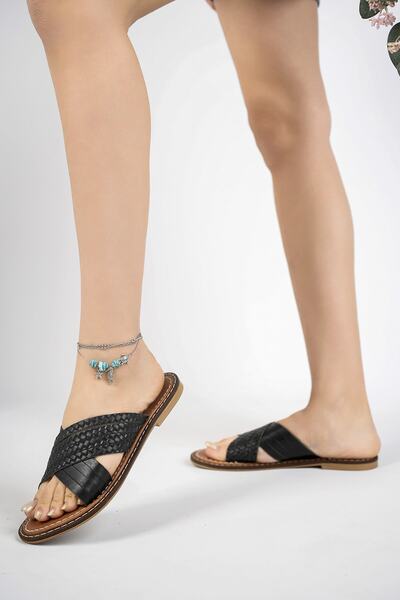 Deripabuc Γυναικείες δερμάτινες παντόφλες από γνήσιο δέρμα μαύρο Dp28-8098