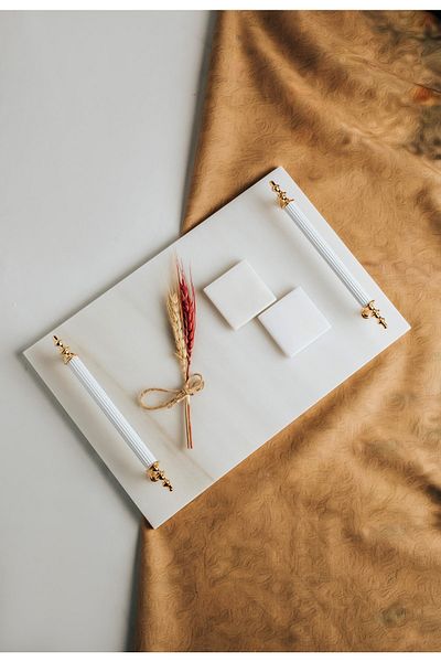 MERALP Thin Marble White Promise/ Engagement Tray with 2 Removable Rings, Metal Profile Handle
