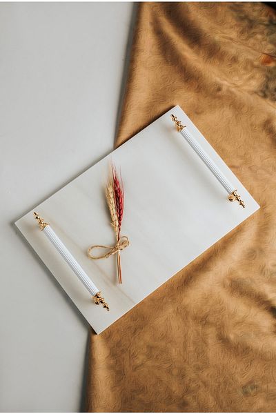 MERALP Thin Marble White Promise/ Engagement Tray with 2 Removable Rings, Metal Profile Handle