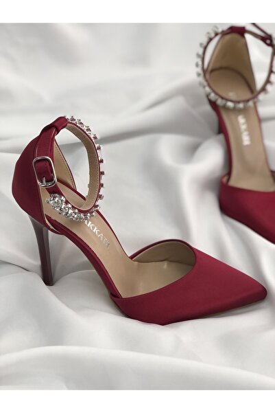 Hg Ayakkabı Nadair Burgundsko saténové kamenné jehlové podpatky